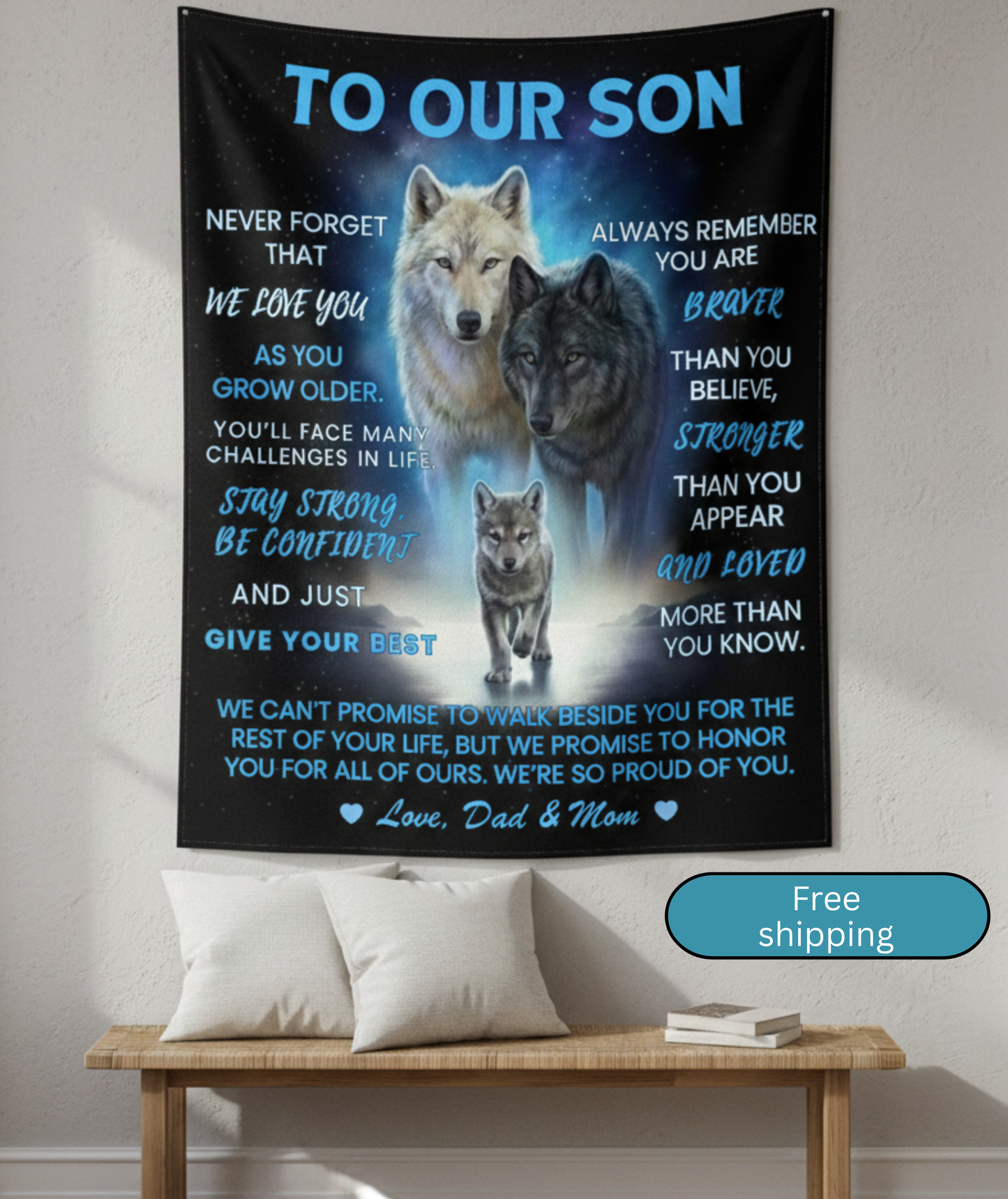 Manta Inspiradora Con Diseño De Lobo Para Hijo Fuerza, Amor y Apoyo.