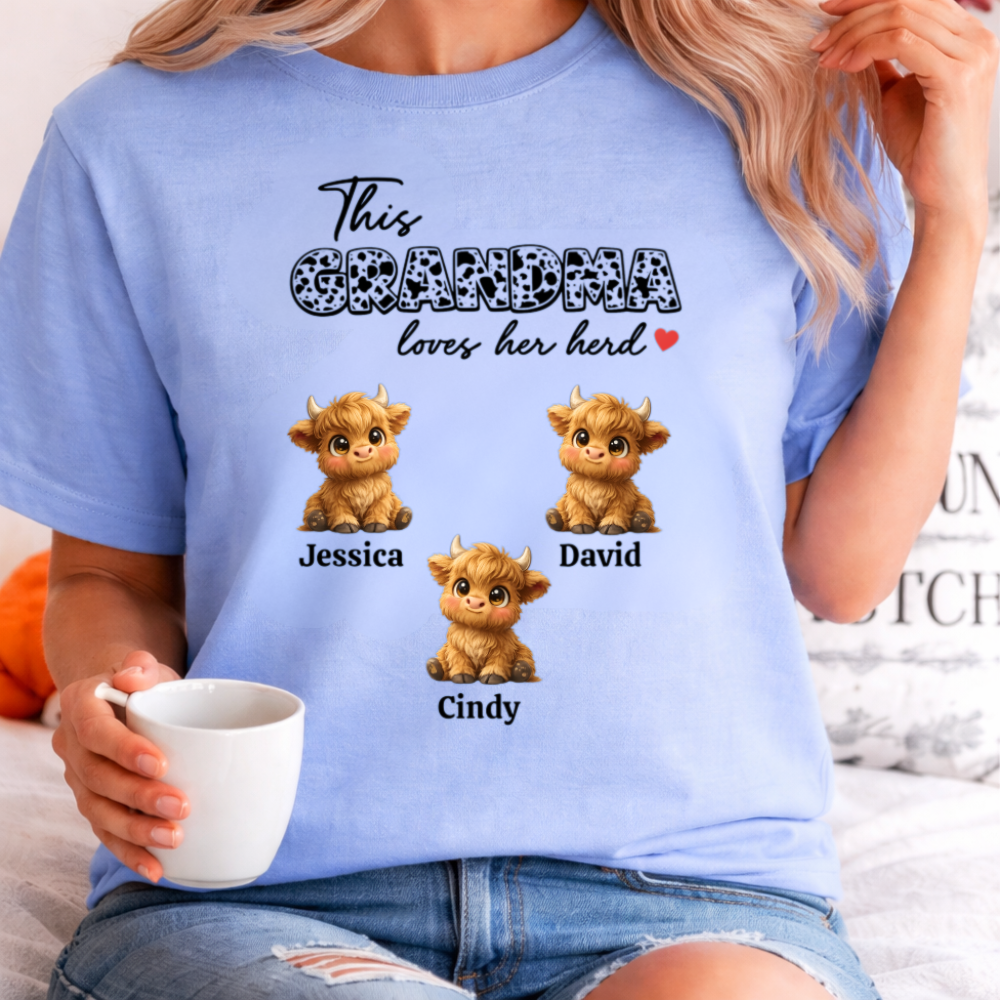 Personalized Grandma Shirt “This Grandma Loves Her Herd” Custom Cow Family Gift