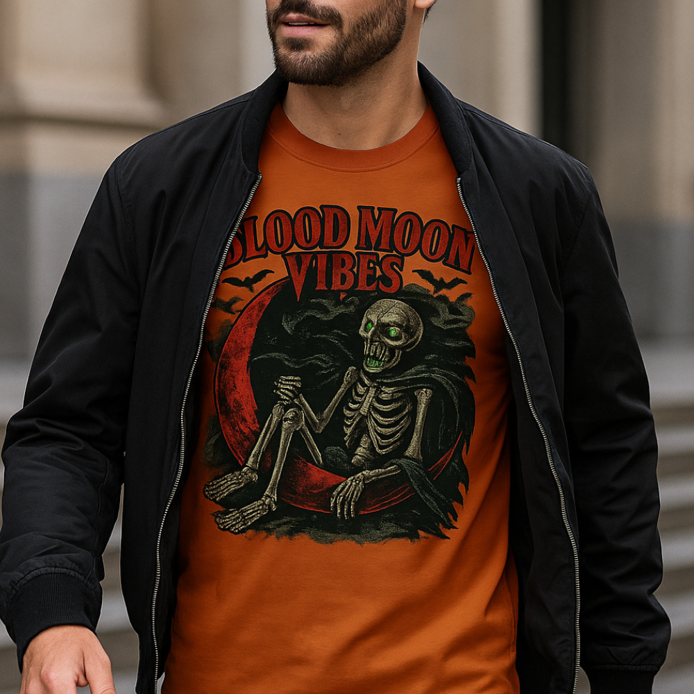 Blood Moon Vibes Skeleton Halloween T-Shirt