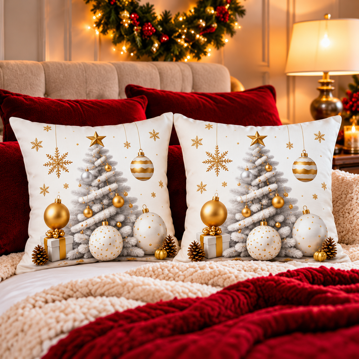 White & Gold Christmas Tree Pillow