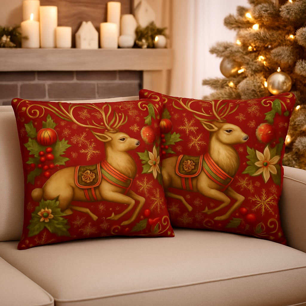 Set Of 2 Reindeer Christmas Pillow – Elegant Red & Gold Holiday Accent Cushion | Cozy Farmhouse Christmas Décor by Gifted & Printed