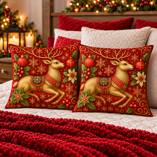 Red & Gold Reindeer Christmas Pillow