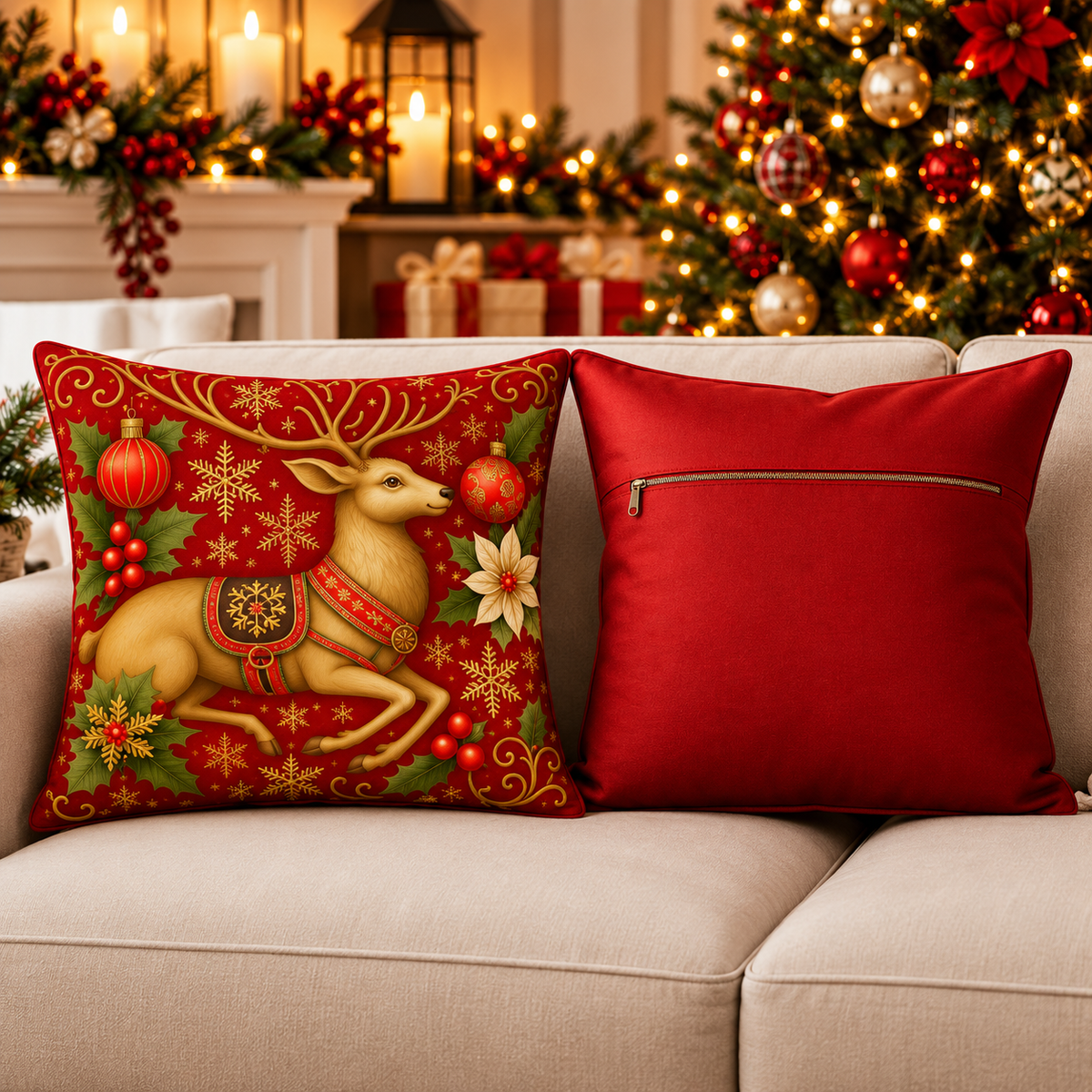 Red & Gold Reindeer Christmas Pillow