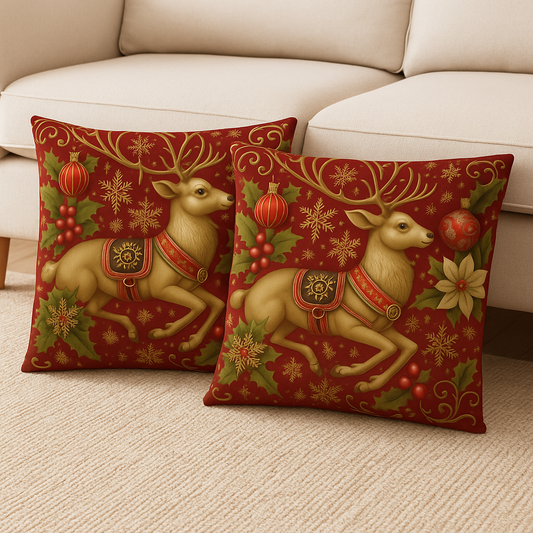 Red & Gold Reindeer Christmas Pillow