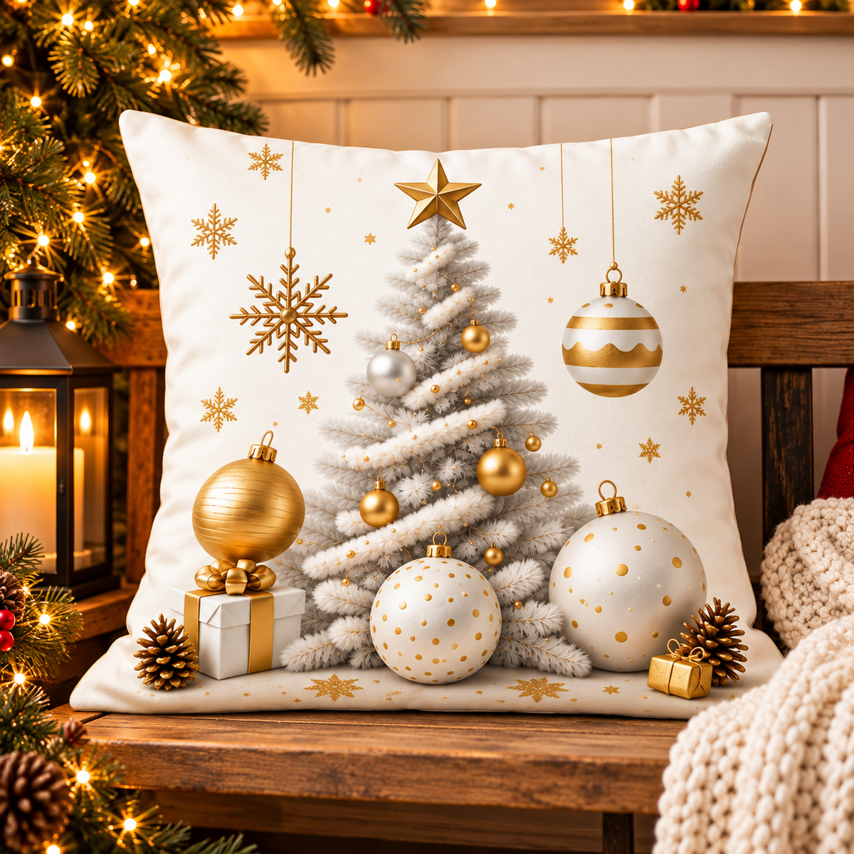 White & Gold Christmas Tree Pillow