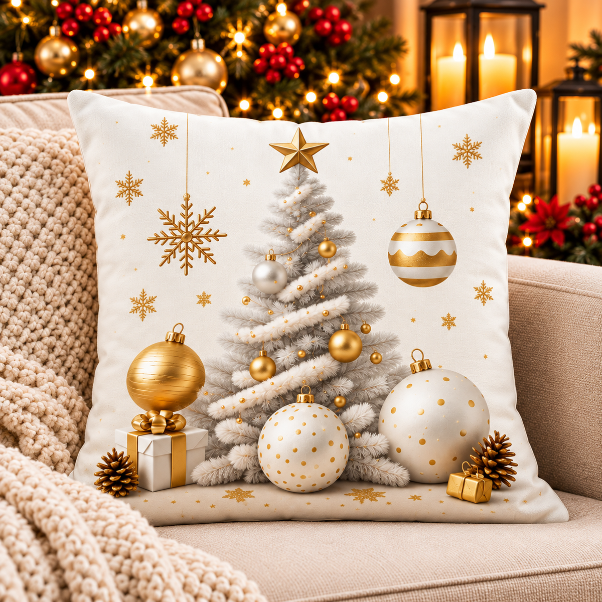 White & Gold Christmas Tree Pillow
