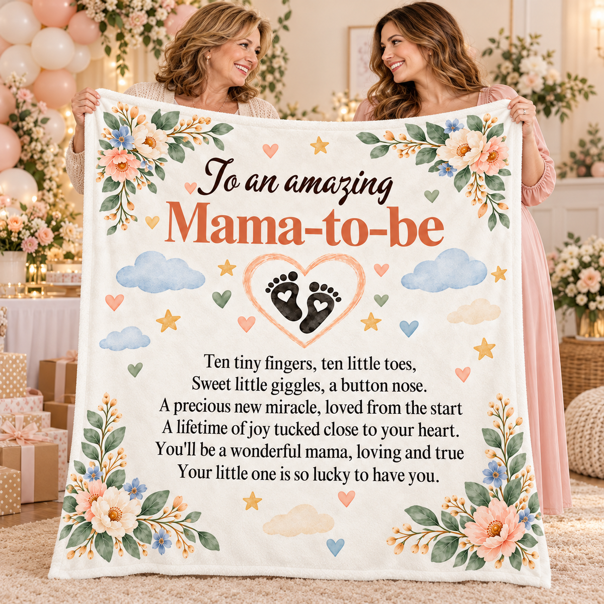 Mama-to-Be Baby Footprint Heart Blanket | Gift for Expecting Mom