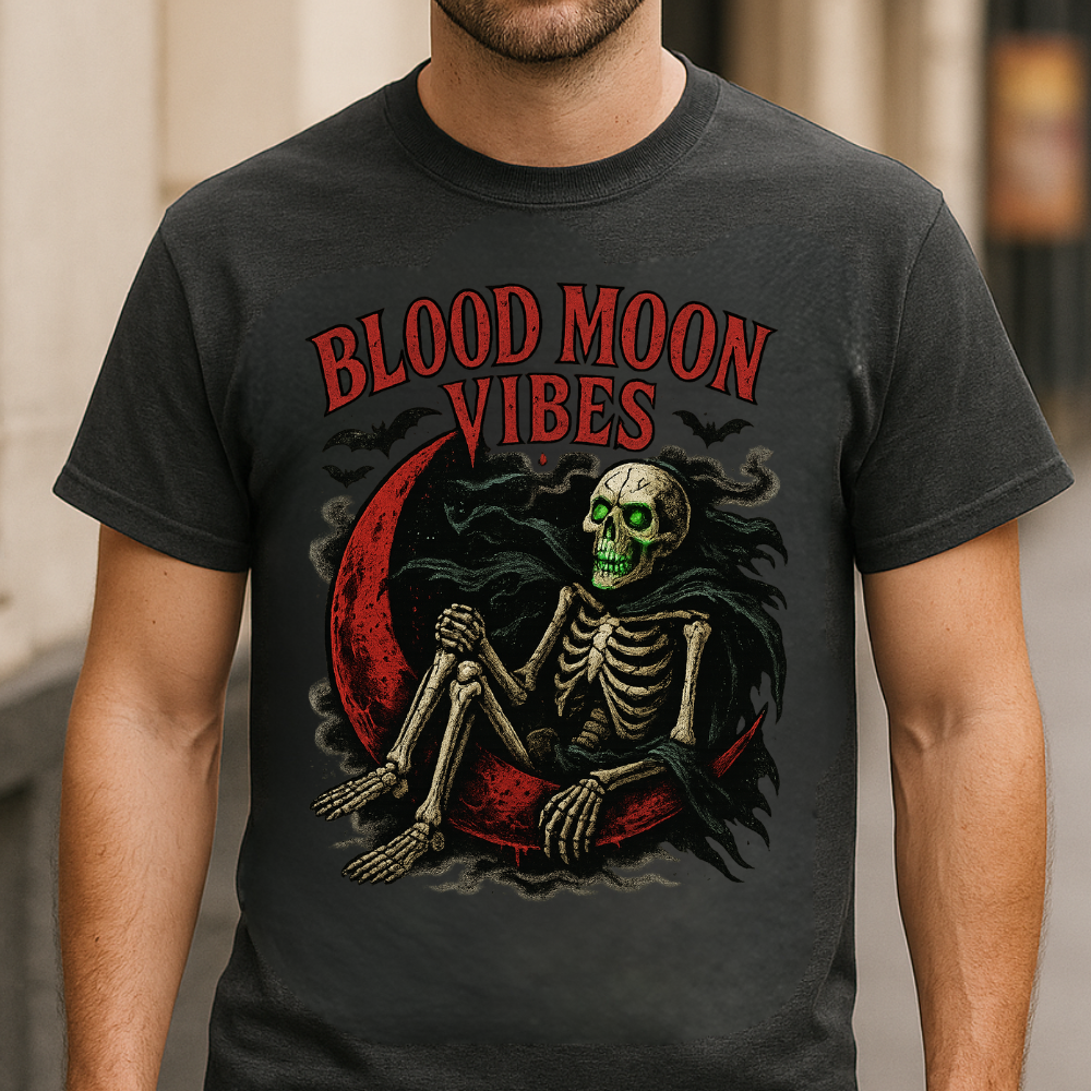 Blood Moon Vibes Skeleton Halloween T-Shirt