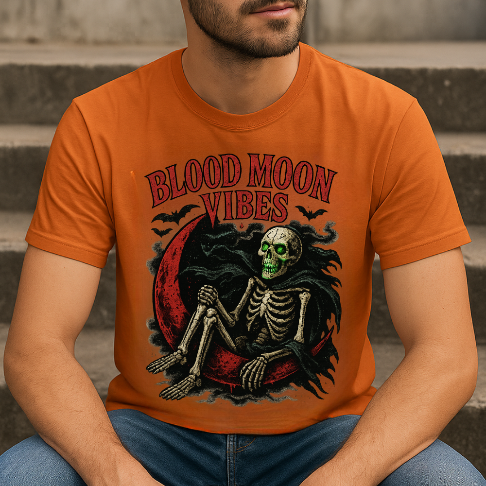 Blood Moon Vibes Skeleton Halloween T-Shirt