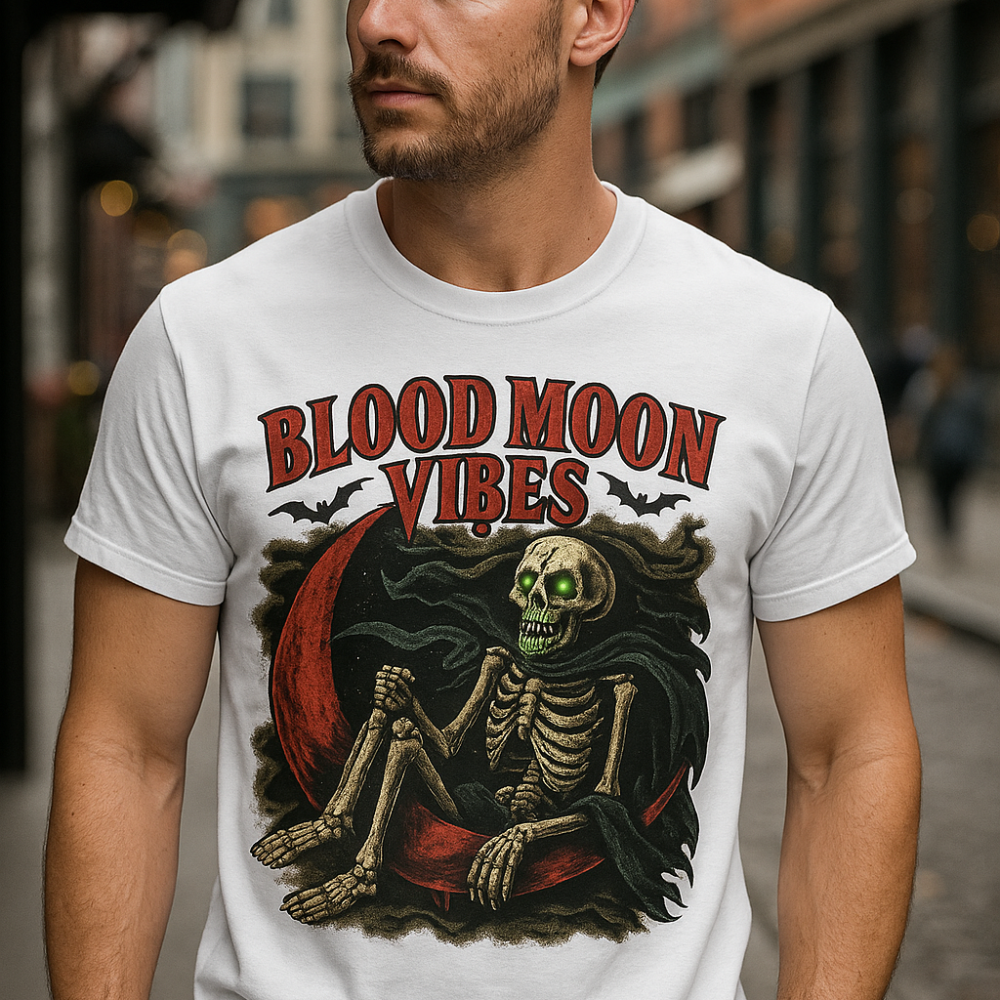 Blood Moon Vibes Skeleton Halloween T-Shirt