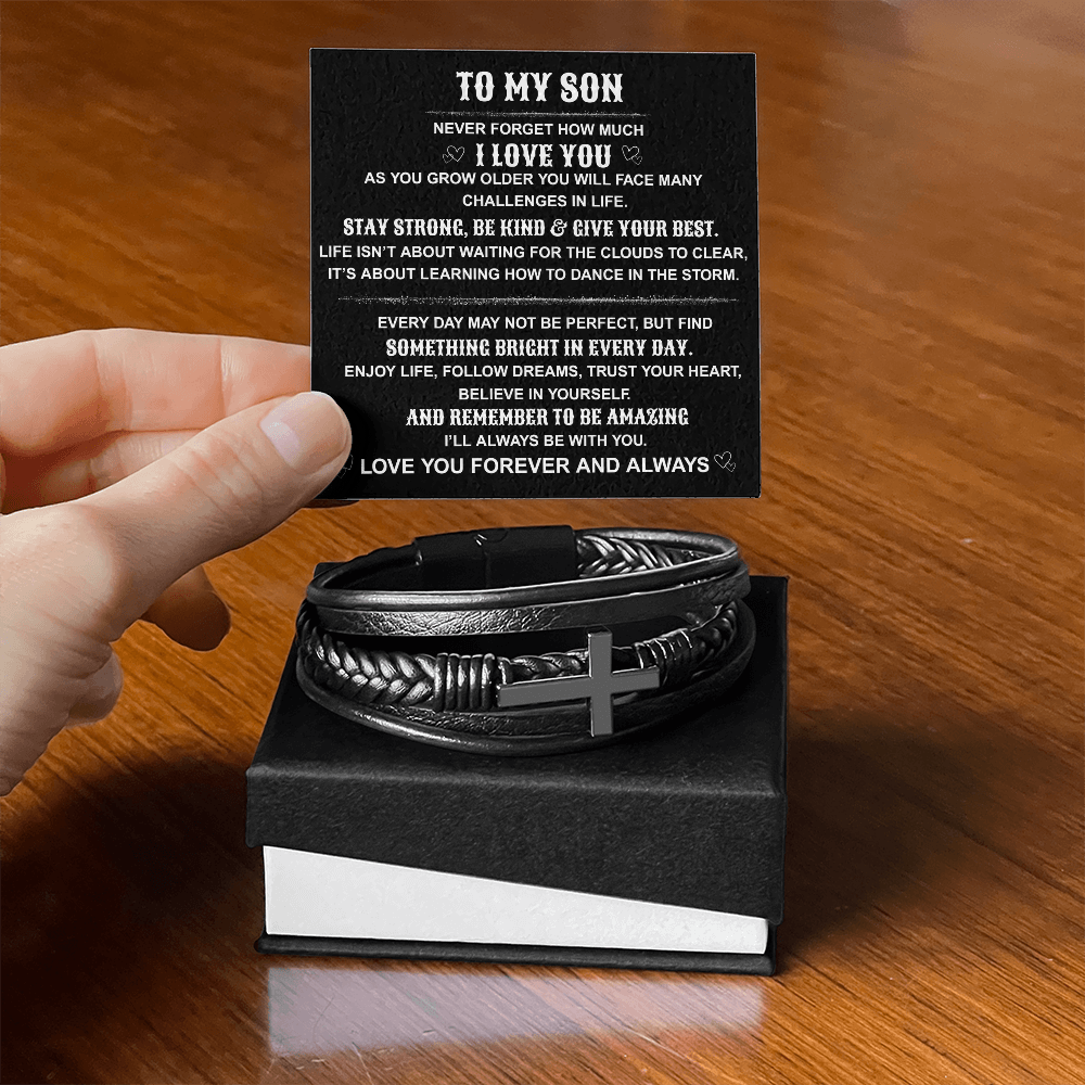 To My Son " Remember To Be Amazing" Men's Cross Leather Bracelet.
