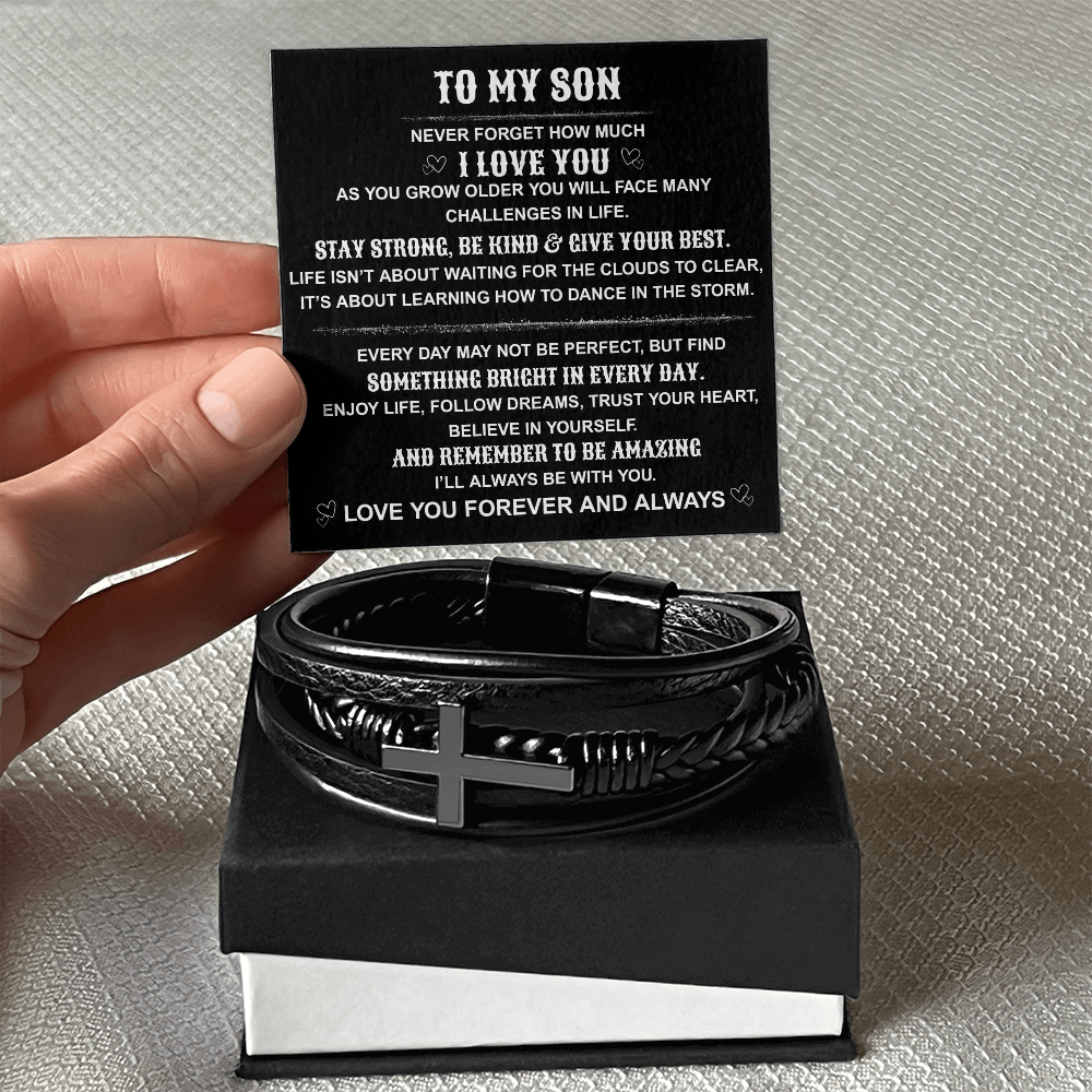 To My Son " Remember To Be Amazing" Men's Cross Leather Bracelet.