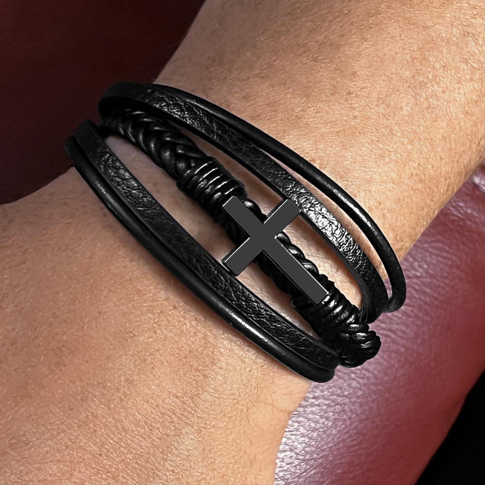 To My Son " Remember To Be Amazing" Men's Cross Leather Bracelet.