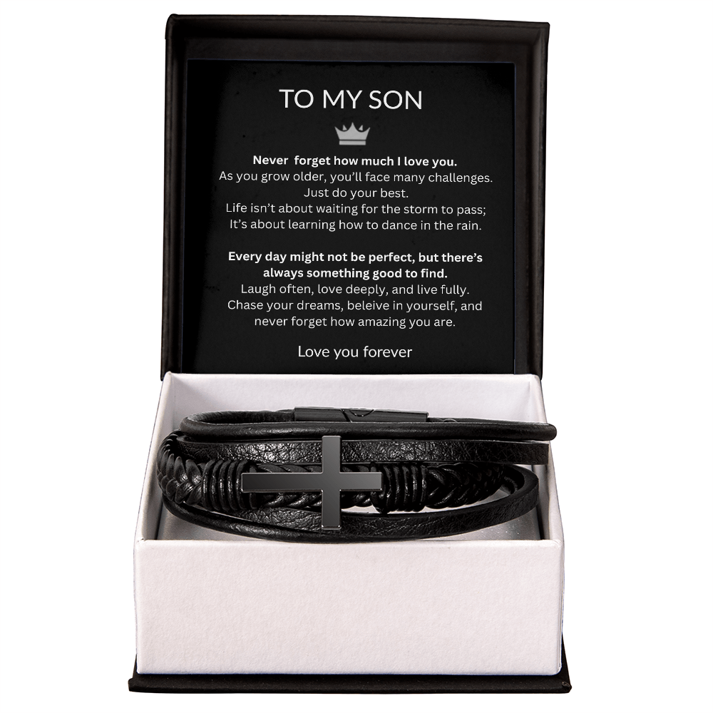 To My Son "Never Forget"  Men's Cross Leather Bracelet