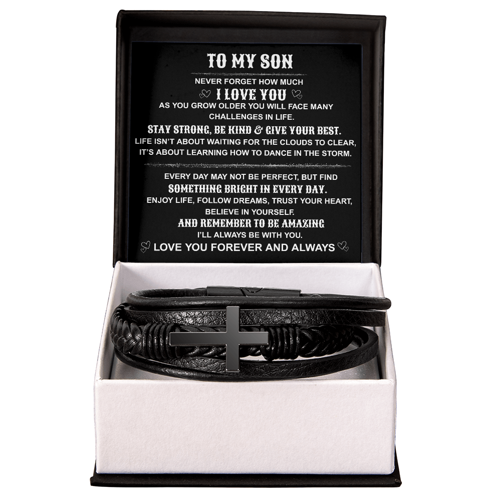 To My Son " Remember To Be Amazing" Men's Cross Leather Bracelet.