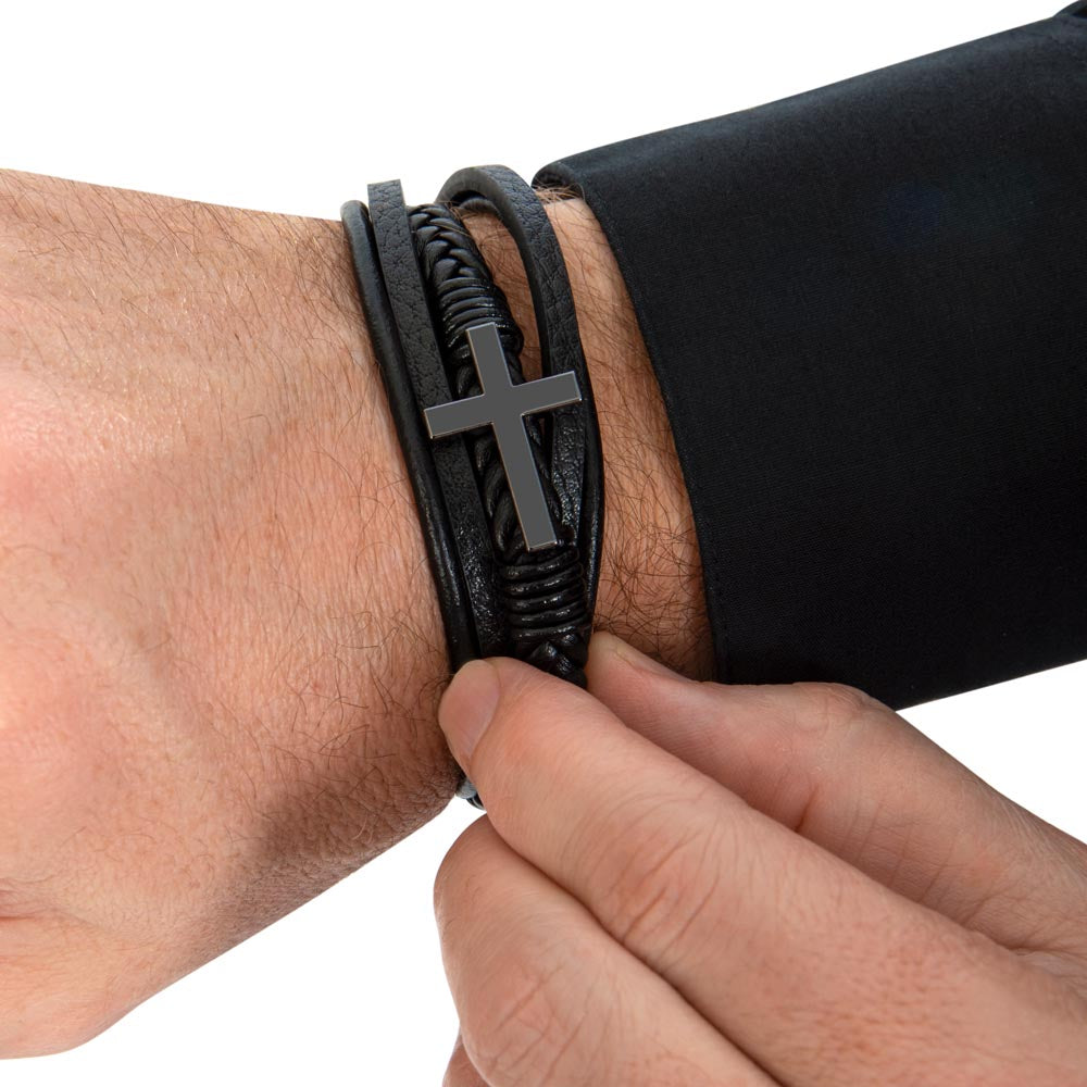 To My Son "Never Forget"  Men's Cross Leather Bracelet
