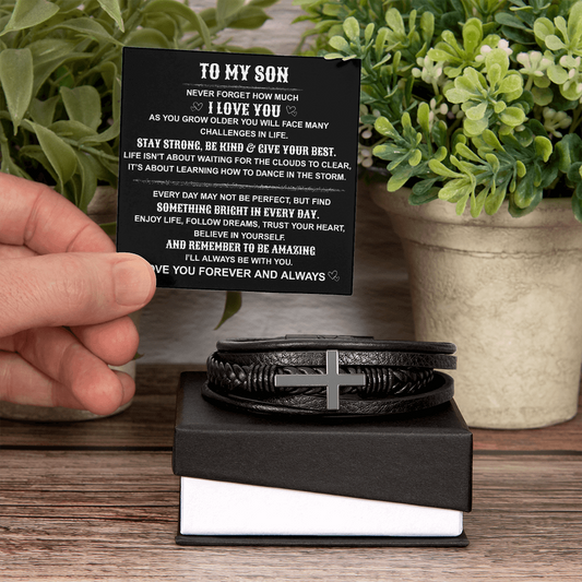 To My Son " Remember To Be Amazing" Men's Cross Leather Bracelet.