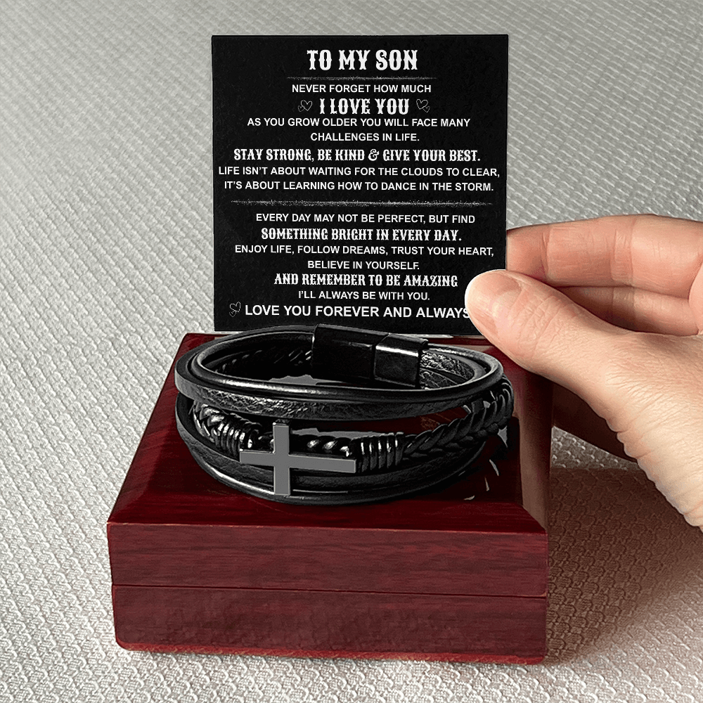 To My Son " Remember To Be Amazing" Men's Cross Leather Bracelet.