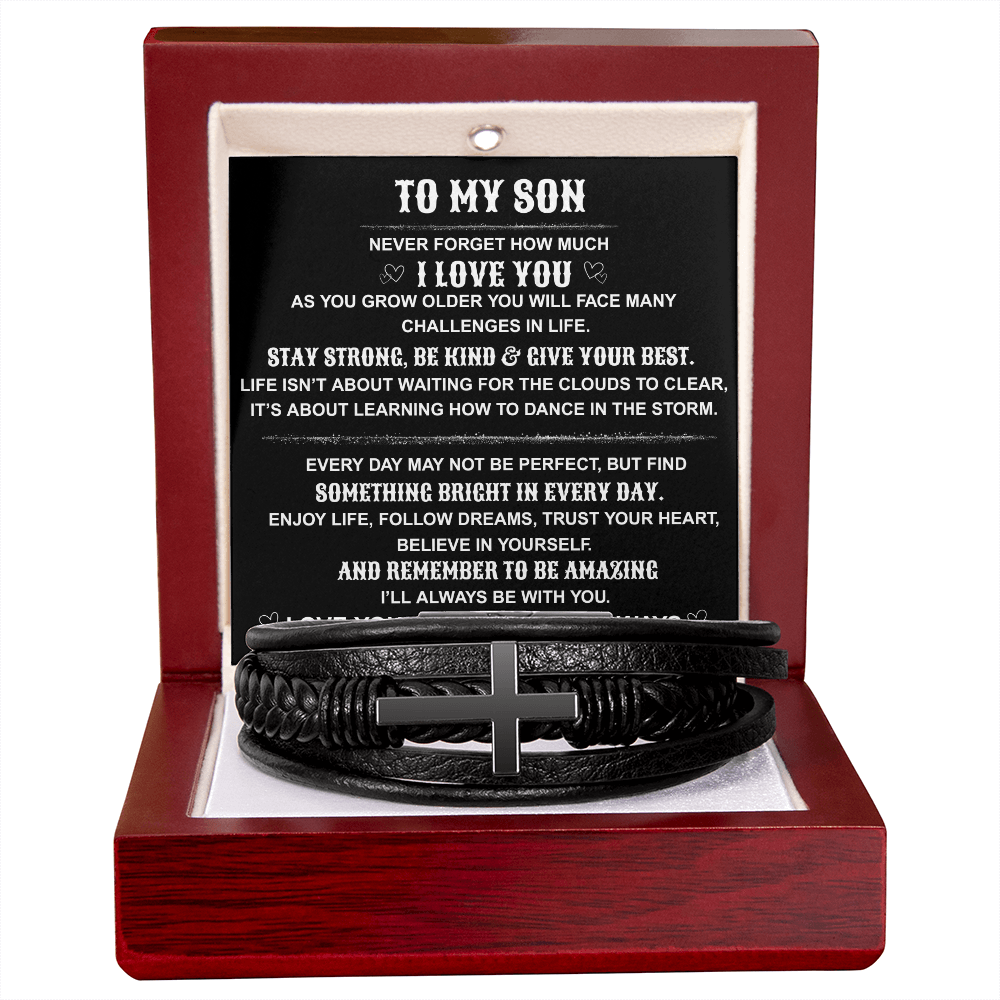 To My Son " Remember To Be Amazing" Men's Cross Leather Bracelet.