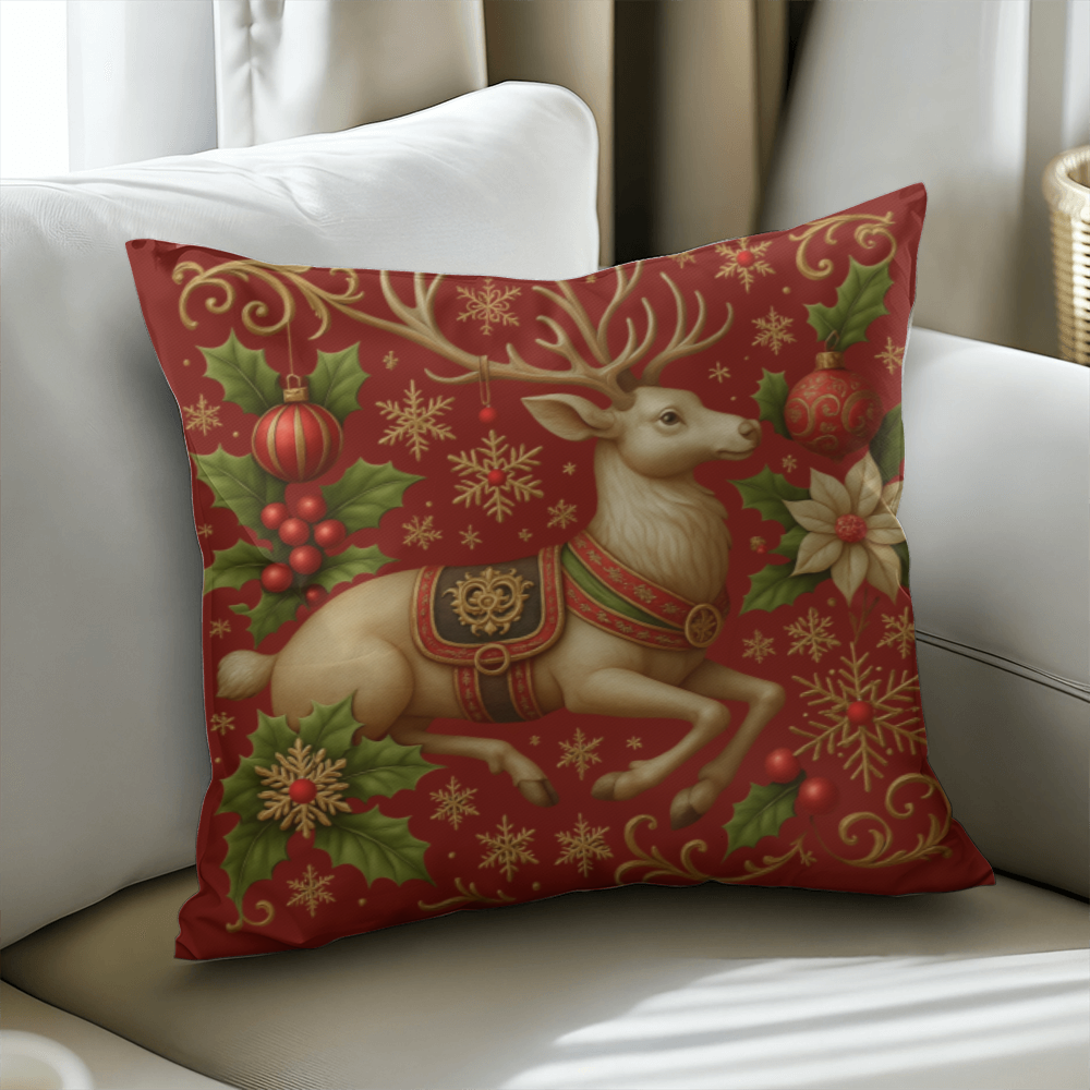 Set Of 2 Reindeer Christmas Pillow – Elegant Red & Gold Holiday Accent Cushion | Cozy Farmhouse Christmas Décor by Gifted & Printed