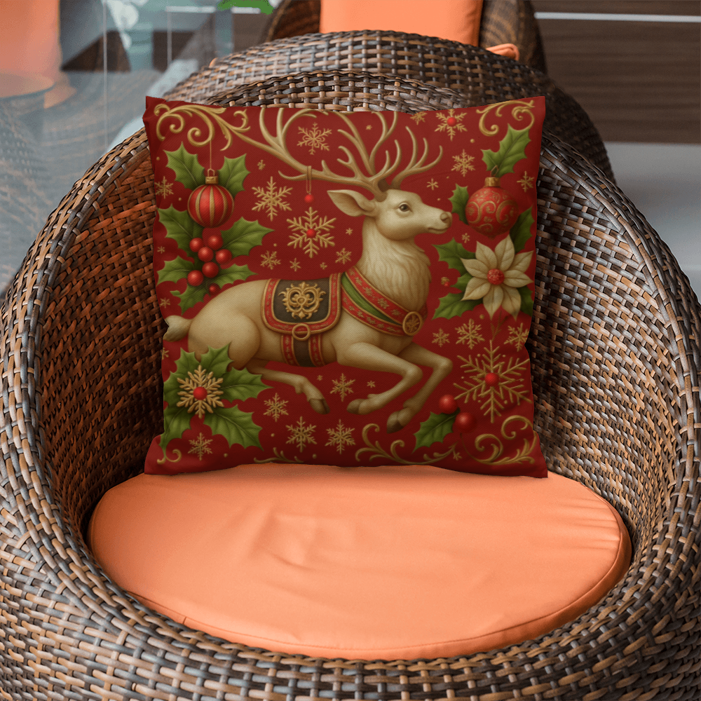 Set Of 2 Reindeer Christmas Pillow – Elegant Red & Gold Holiday Accent Cushion | Cozy Farmhouse Christmas Décor by Gifted & Printed