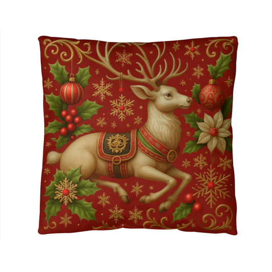 Set Of 2 Reindeer Christmas Pillow – Elegant Red & Gold Holiday Accent Cushion | Cozy Farmhouse Christmas Décor by Gifted & Printed