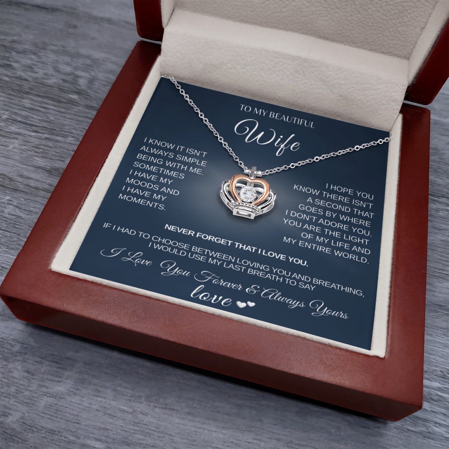 To My Beautiful Wife "A Necklace From The Heart" Crown Pendant Necklace
